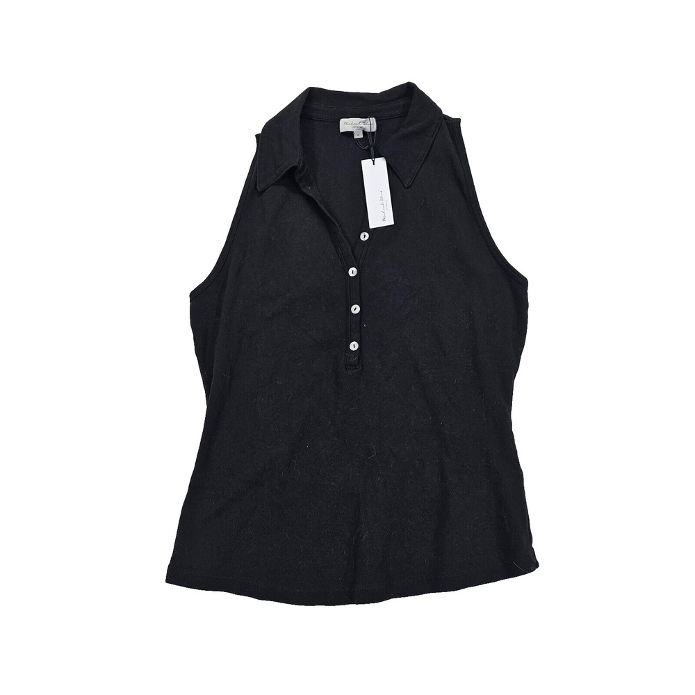 Michael Stars Norah Sleeveless Rib Knit Collared Polo Shirt Women's 1X Black NWT